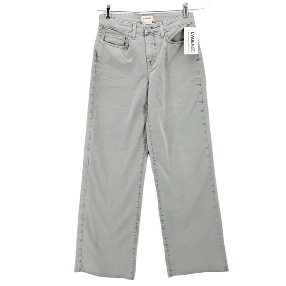L'AGENCE NWT Dancia Wide Leg Light Gray Chino Pants Raw Frayed Hem Size 25